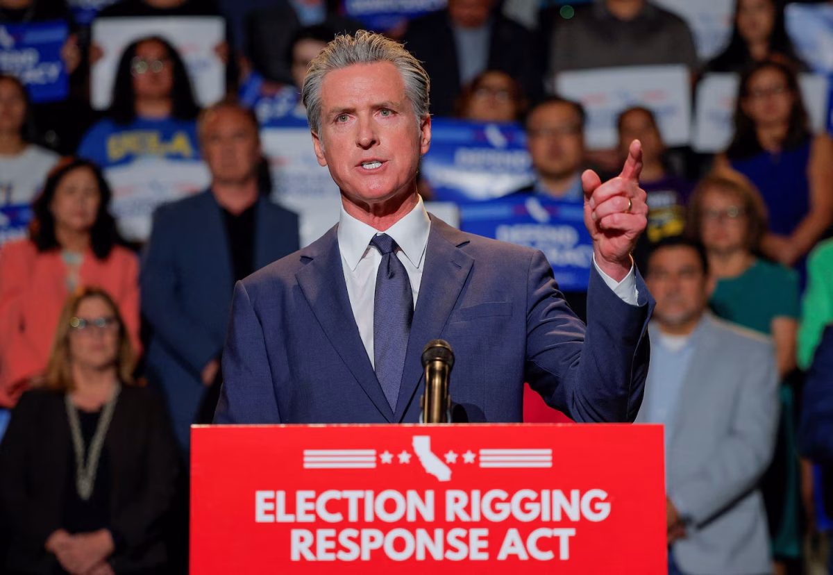 Photo Courtesy of Mike Blake via Reuters. California Governor Gavin Newsom speaks about his plan to redraw California's congressional maps. 