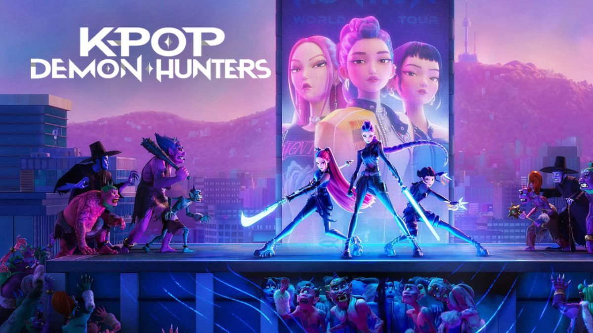 Viral movie KPop Demon Hunters from popular streaming service Netflic. Members of the group HUNTR/X Mira, Rumi, and Zoey are fighting demons.