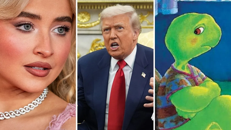 Photo of Sabrina Carpenter, Donald Trump, and Franklin the Turtle. Carpenter is on the left, Trump is in the middle, and Franklin is on the right. 
