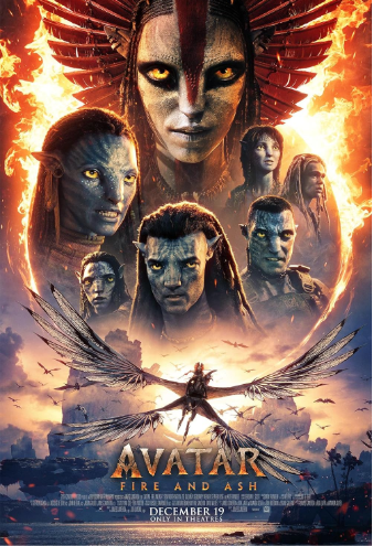 One of the official movie posters released for marketing of Avatar: Fire and Ash before its release date on Dec. 19, 2025. It features a variety of main characters including Jake Sully, Netayam, Varang, Quaritch, Spider, Kiri, and Neytiri.