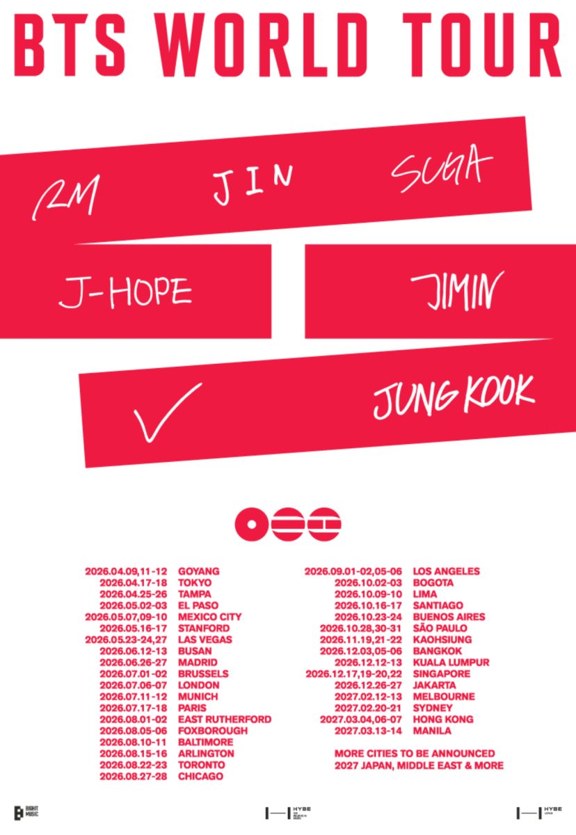 Flier of the group BTS upcoming world tour “ARIRANG”. Showing dates and locations.