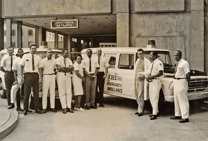 Photo courtesy of Heinz History Center. Freedom House paramedics pose in front of the Presbyterian University Hospital in Pittsburgh on the first day of the ambulance service.