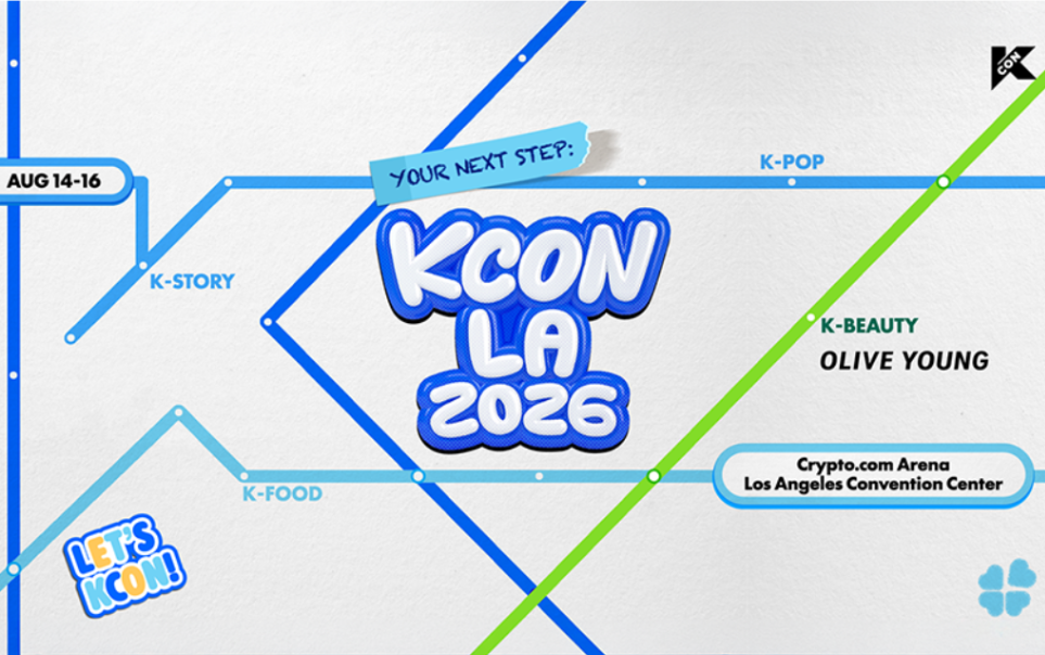 Photo features KCON LA 2026 logo and the locations Crypto.com Arena and Los Angeles Convention Center. KCON features K-Pop, K-Food, K-Beauty, and K-Story. 