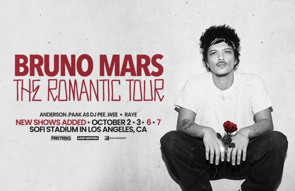 Bruno Mars performing “The Romantic Tour” at Sofi Stadium in Los Angeles is a major stop on his first global stadium tour after nearly a decade. The show is part of a record-breaking run that also supports his new album, The Romantic, and it’s one of several highly anticipated LA dates.