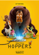 An image with some of the main cast of Hoppers, including Mabel, the goose, the bear, and more. The image is the official teaser poster for Disney and Pixar’s released animated film, showcased first at the D23 Expo in August 2024 to kick off the film's marketing campaign.