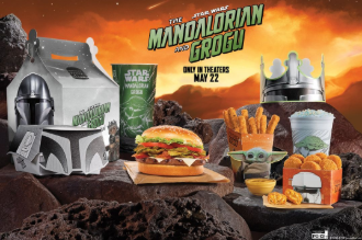 : Image taken and posted on the official Burger King News Website to advertise the product. It includes the BBQ Bounty Whopper, Grogu’s Blue Cookie Shake, Group's Garlic Chicken Fries, and Imperial Cheddar Ranch Tots, with their respective crown, box, and cup collectibles.